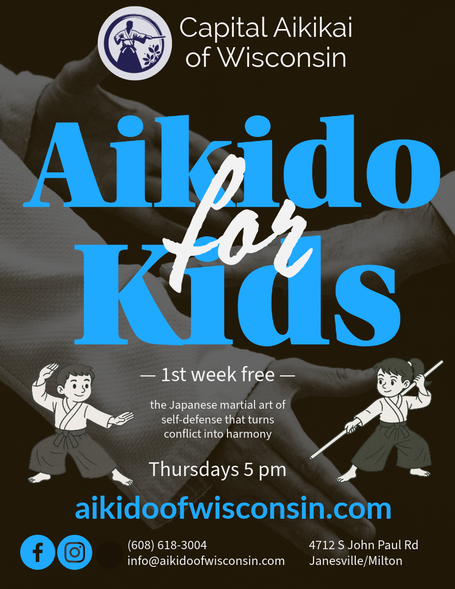 a black, blue, and white poster with the illustration of two kids announcing aikido classes for kids