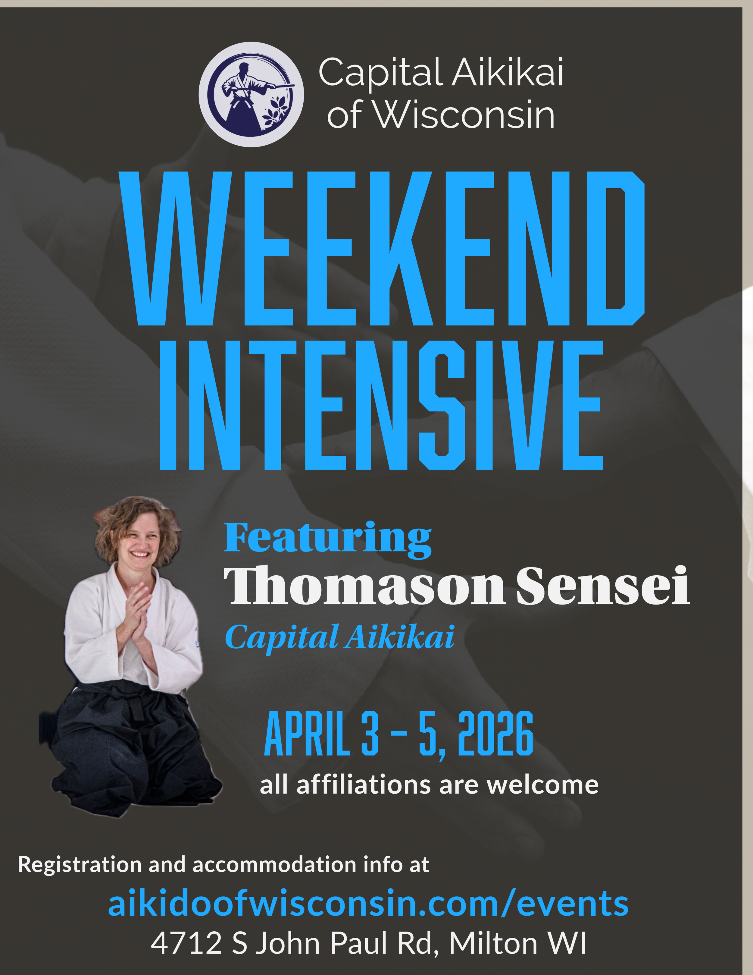 A black, blue, and white flyer announcing the details of the seminar with Thomanson sensei in a seated seiza position