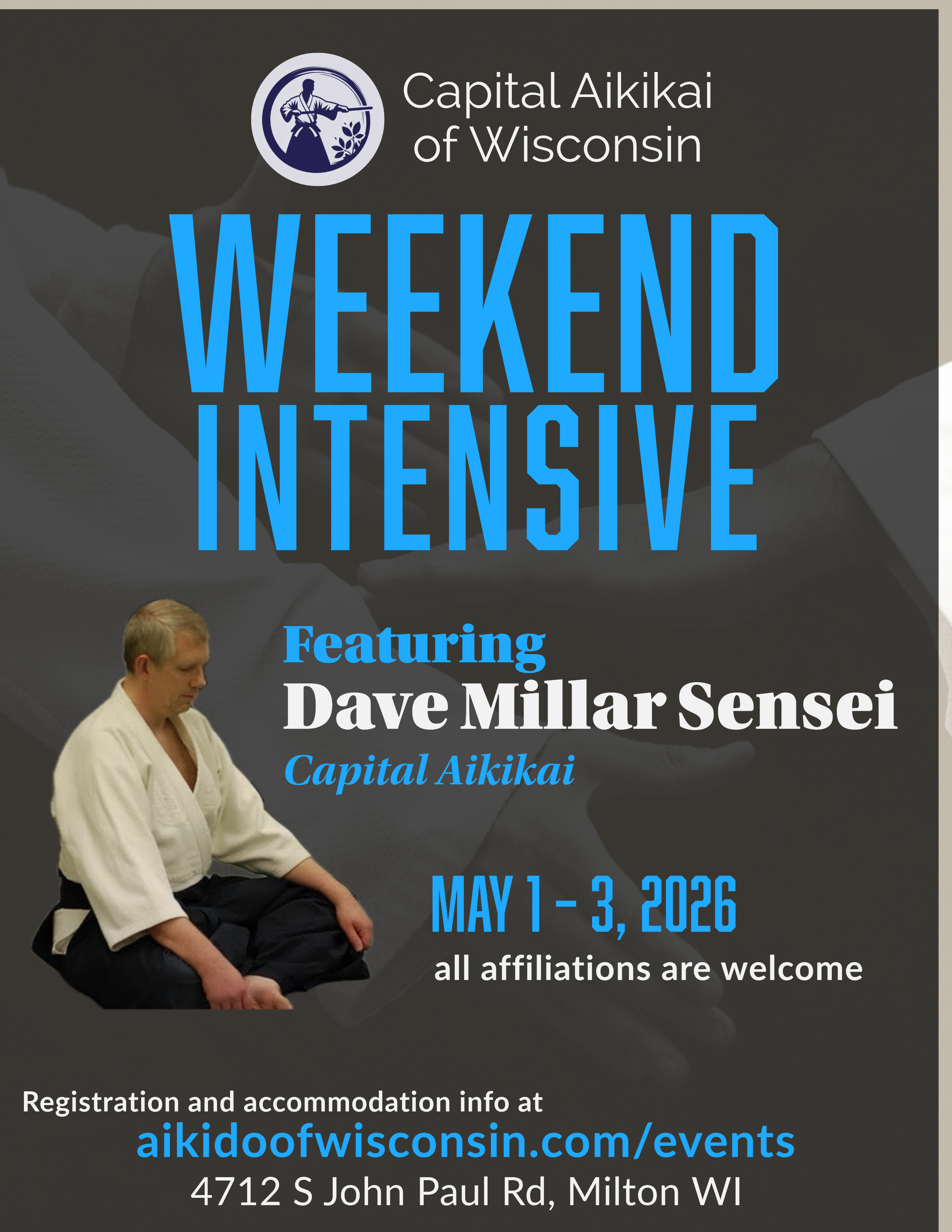 A black, blue, and white flyer with seminar details and a seated picture of Dave Millar sensei